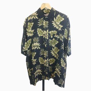 Sun Casuals Men's Large Rayon Tropical Button Front Shirt Beige Black Leaf Print